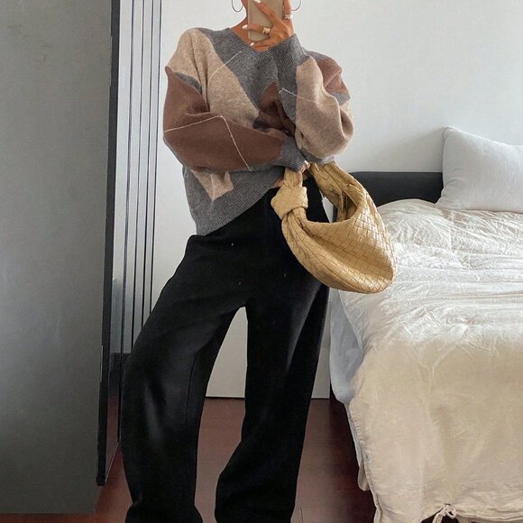 Brown Casual Women's Plaid Loose Long Sleeve Crew Neck Sweater - Picture 6 of 7